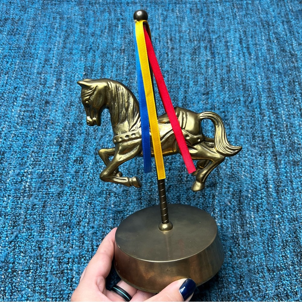 Vintage Brass Carousel Horse Spinning Music Box with Ribbons 9" Tall